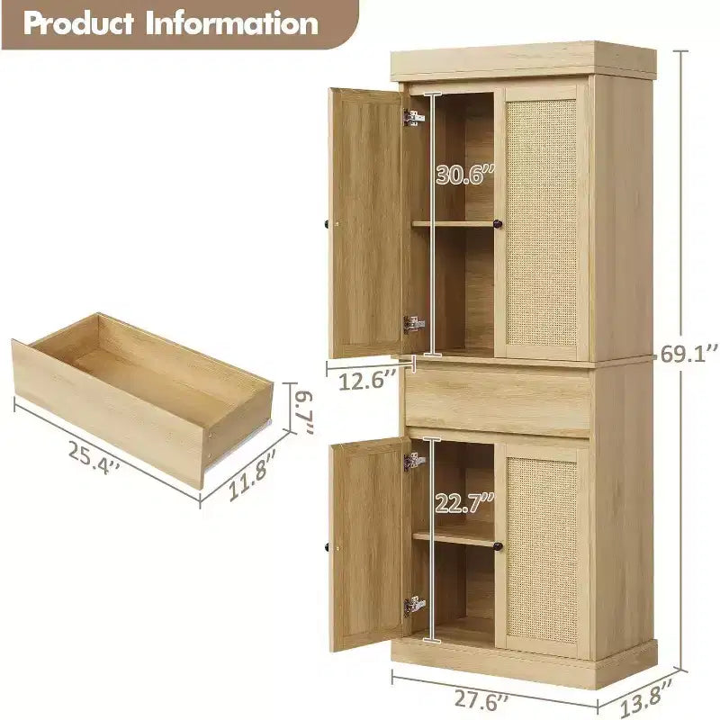 Meuble de rangement haut moderne en rotin de 175 cm, armoire autoportante avec portes, étagères réglables et tiroir pour salle de bain, salle à manger, salon
