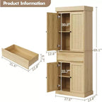 Meuble de rangement haut moderne en rotin de 175 cm, armoire autoportante avec portes, étagères réglables et tiroir pour salle de bain, salle à manger, salon