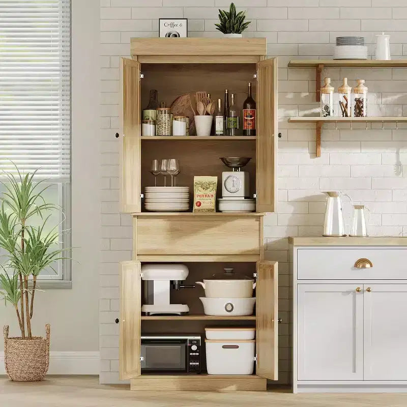 Meuble de rangement haut moderne en rotin de 175 cm, armoire autoportante avec portes, étagères réglables et tiroir pour salle de bain, salle à manger, salon