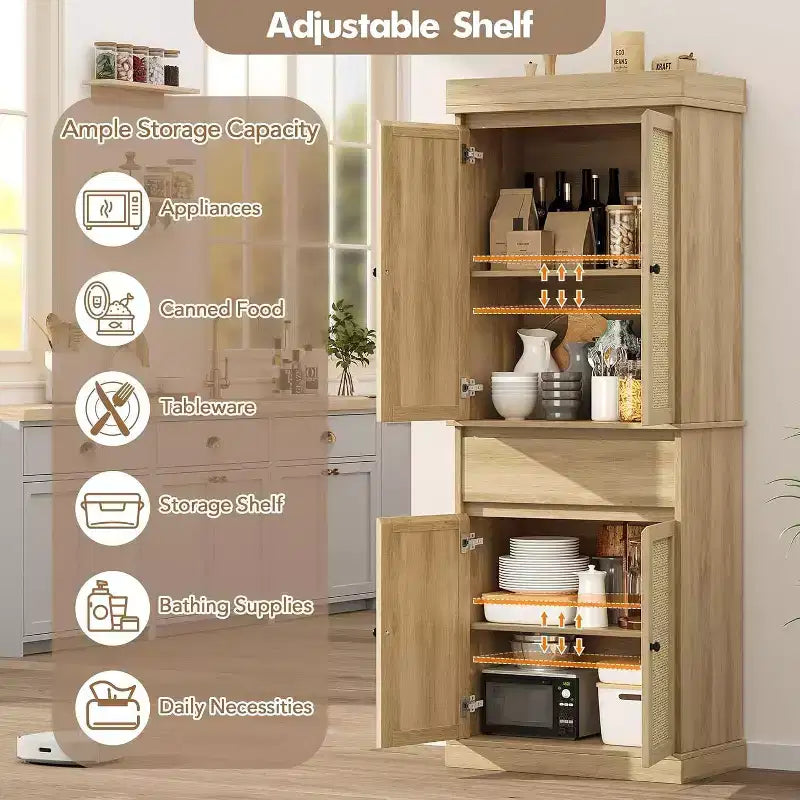 Meuble de rangement haut moderne en rotin de 175 cm, armoire autoportante avec portes, étagères réglables et tiroir pour salle de bain, salle à manger, salon