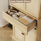 Meuble de rangement haut moderne en rotin de 175 cm, armoire autoportante avec portes, étagères réglables et tiroir pour salle de bain, salle à manger, salon