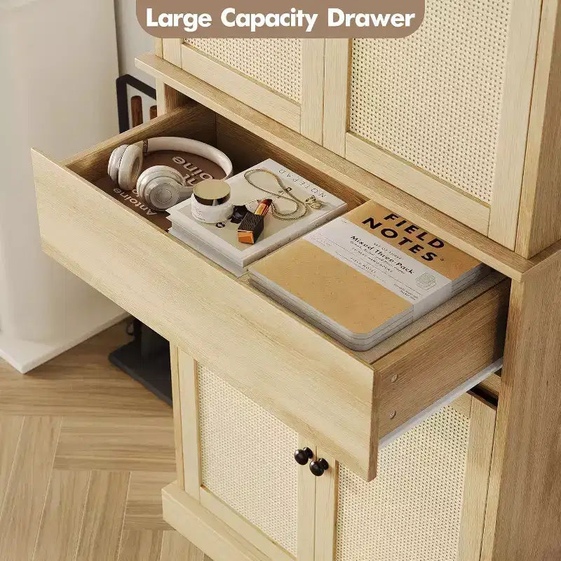 Meuble de rangement haut moderne en rotin de 175 cm, armoire autoportante avec portes, étagères réglables et tiroir pour salle de bain, salle à manger, salon