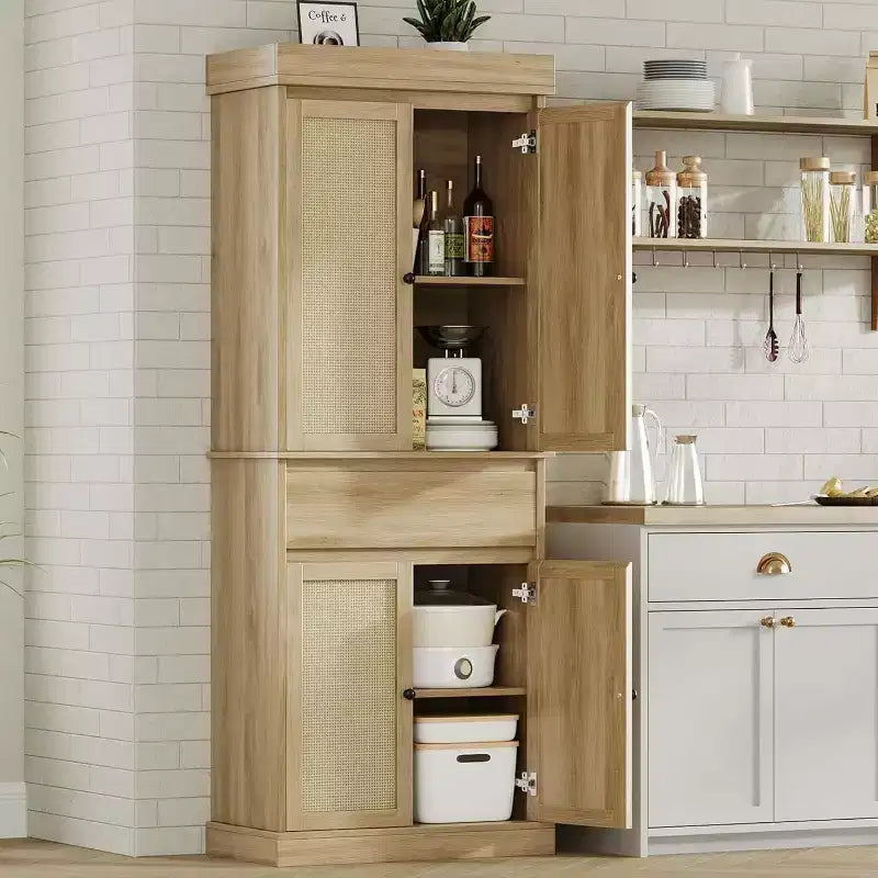 Meuble de rangement haut moderne en rotin de 175 cm, armoire autoportante avec portes, étagères réglables et tiroir pour salle de bain, salle à manger, salon