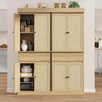 Meuble de rangement haut moderne en rotin de 175 cm, armoire autoportante avec portes, étagères réglables et tiroir pour salle de bain, salle à manger, salon