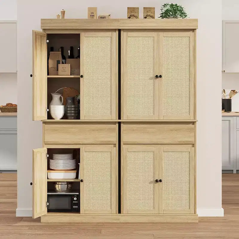 Meuble de rangement haut moderne en rotin de 175 cm, armoire autoportante avec portes, étagères réglables et tiroir pour salle de bain, salle à manger, salon