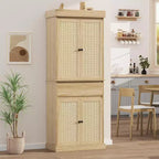 Meuble de rangement haut moderne en rotin de 175 cm, armoire autoportante avec portes, étagères réglables et tiroir pour salle de bain, salle à manger, salon