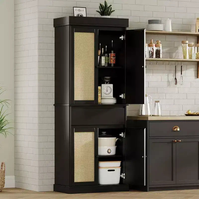 Meuble de rangement haut moderne en rotin de 175 cm, armoire autoportante avec portes, étagères réglables et tiroir pour salle de bain, salle à manger, salon