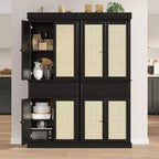 Meuble de rangement haut moderne en rotin de 175 cm, armoire autoportante avec portes, étagères réglables et tiroir pour salle de bain, salle à manger, salon
