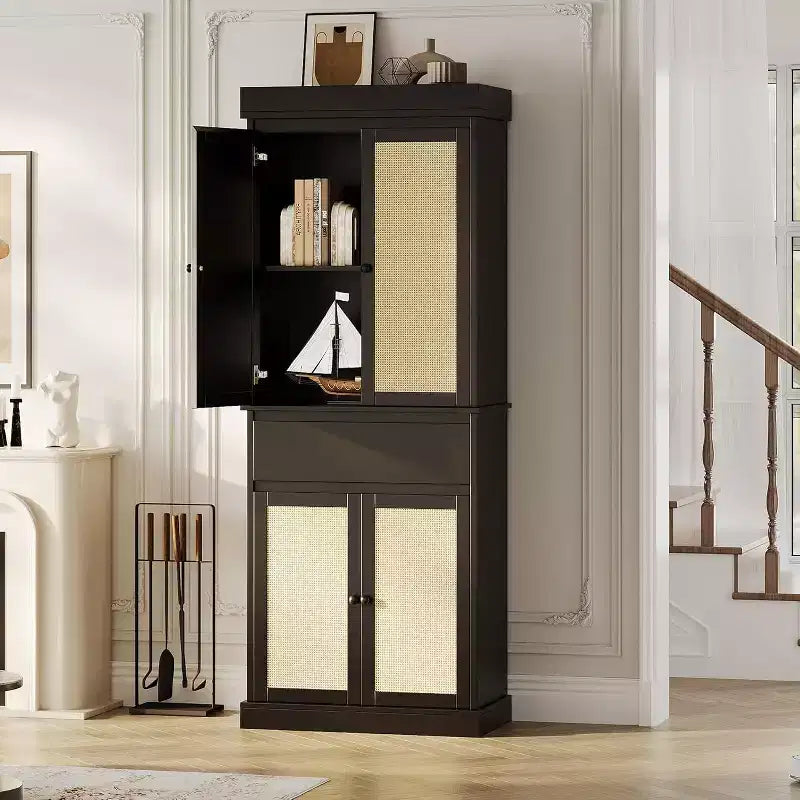 Meuble de rangement haut moderne en rotin de 175 cm, armoire autoportante avec portes, étagères réglables et tiroir pour salle de bain, salle à manger, salon