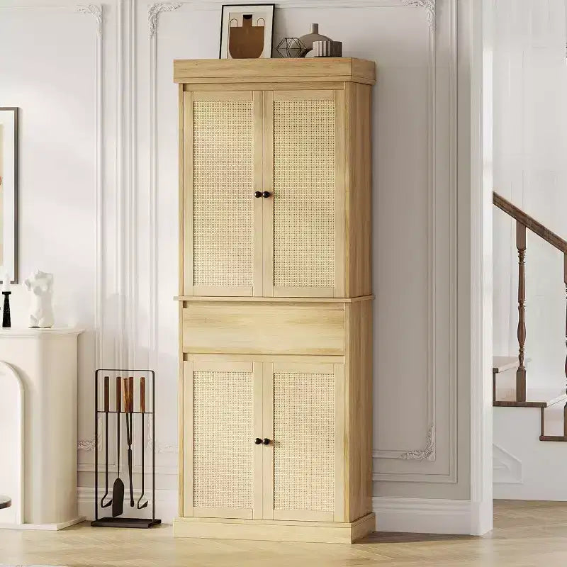 Meuble de rangement haut moderne en rotin de 175 cm, armoire autoportante avec portes, étagères réglables et tiroir pour salle de bain, salle à manger, salon