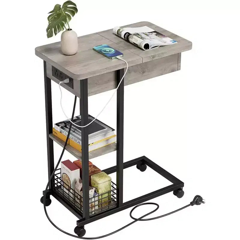 C-Shaped Foldable Side Table with Built-In Charging Station, USB Ports, and Outlets for Living Room and Bedroom - Compact, Narrow Design