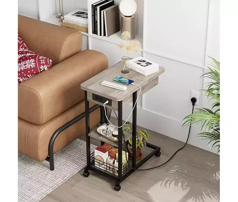 Table d'appoint pliante en C avec station de charge intégrée, ports USB et prises pour salon et chambre - Design compact et étroit