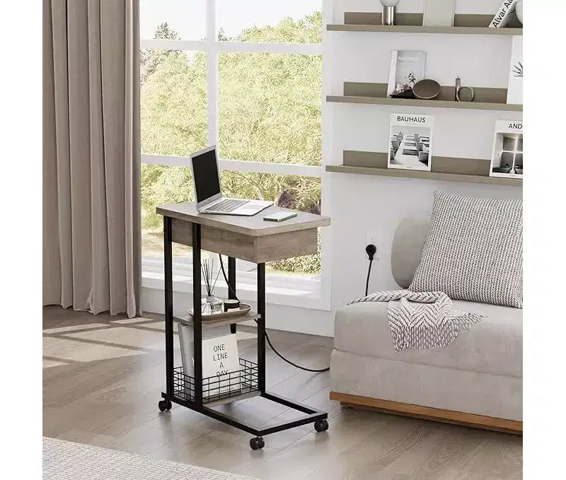 Table d'appoint pliante en C avec station de charge intégrée, ports USB et prises pour salon et chambre - Design compact et étroit