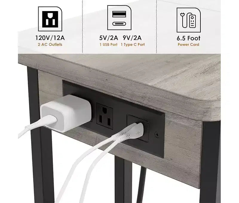 Table d'appoint pliante en C avec station de charge intégrée, ports USB et prises pour salon et chambre - Design compact et étroit