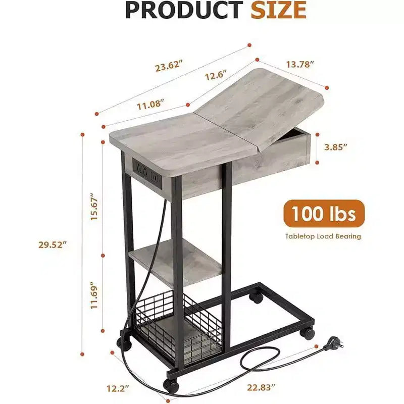 Table d'appoint pliante en C avec station de charge intégrée, ports USB et prises pour salon et chambre - Design compact et étroit