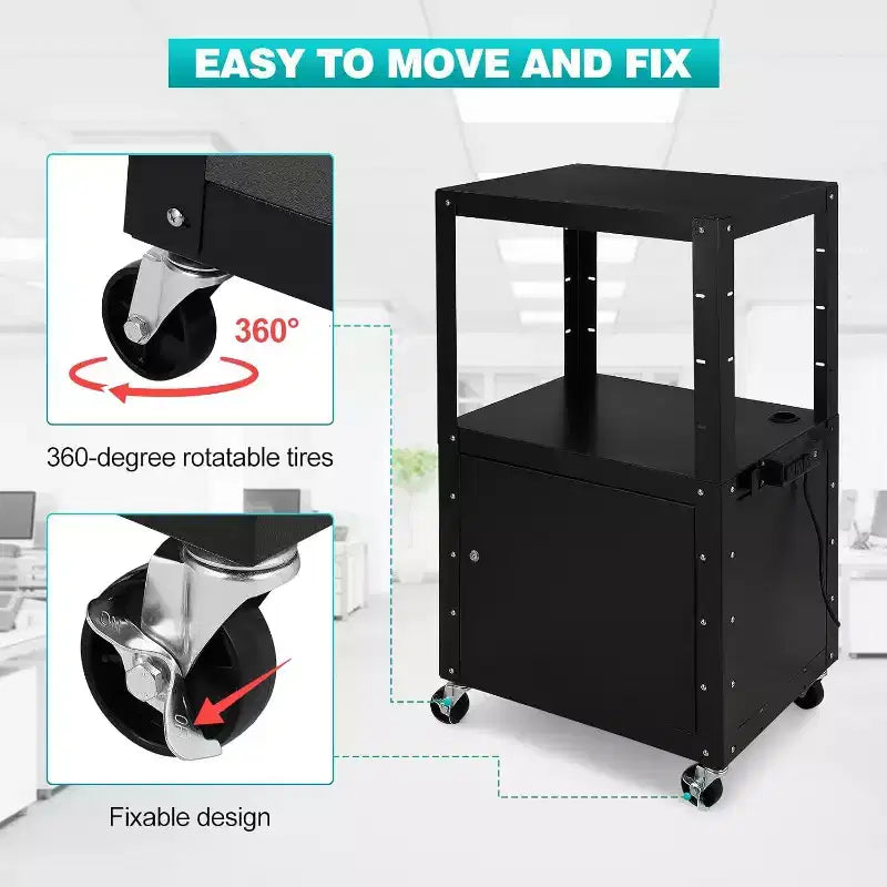 Chariot AV à hauteur réglable avec rangement verrouillable, 4 roulettes pivotantes/2 freins de blocage/câble d'alimentation de 5 m/acier laminé à froid durable, salle de classe et garage