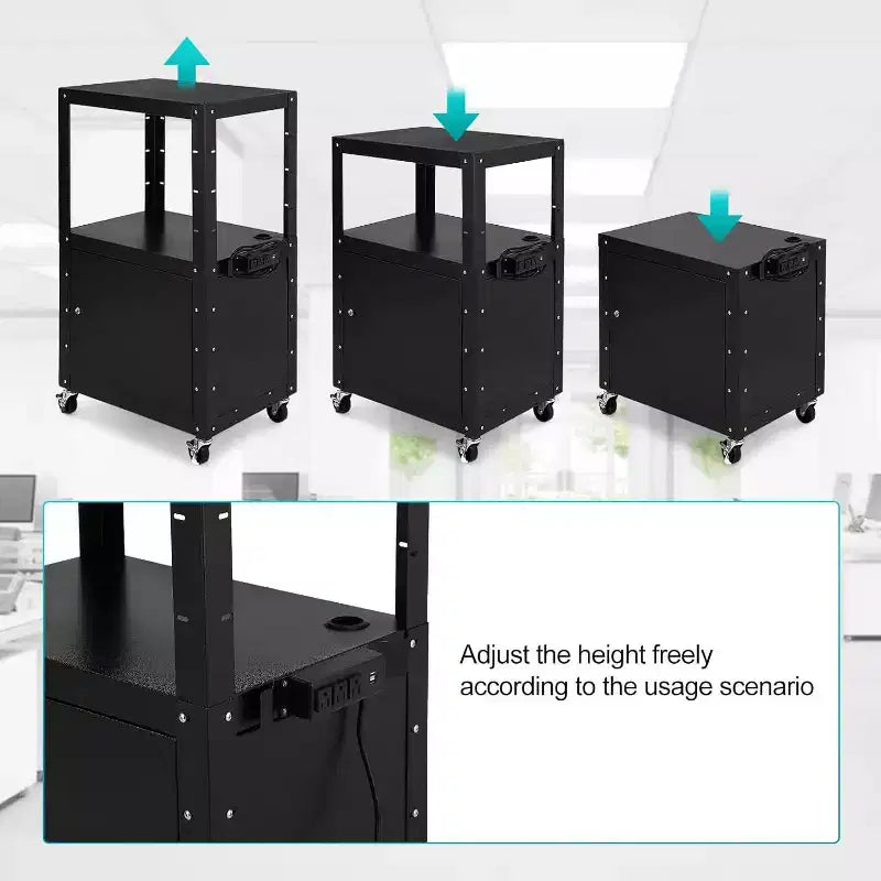 Chariot AV à hauteur réglable avec rangement verrouillable, 4 roulettes pivotantes/2 freins de blocage/câble d'alimentation de 5 m/acier laminé à froid durable, salle de classe et garage
