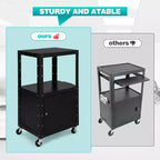 Chariot AV à hauteur réglable avec rangement verrouillable, 4 roulettes pivotantes/2 freins de blocage/câble d'alimentation de 5 m/acier laminé à froid durable, salle de classe et garage