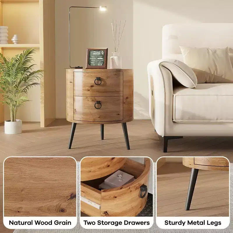 COZONY Table d'appoint ronde avec 2 tiroirs, table de chevet moderne de 47 cm avec pieds en métal