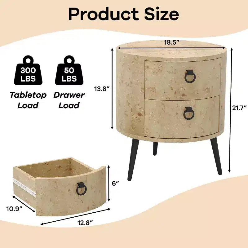 COZONY Table d'appoint ronde avec 2 tiroirs, table de chevet moderne de 47 cm avec pieds en métal