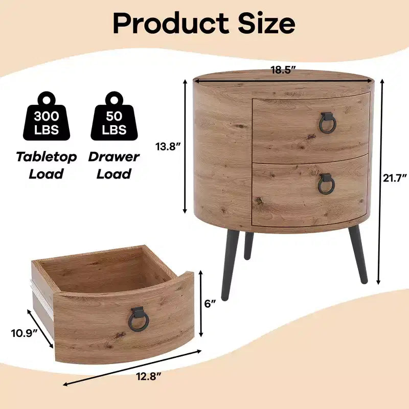 COZONY Table d'appoint ronde avec 2 tiroirs, table de chevet moderne de 47 cm avec pieds en métal
