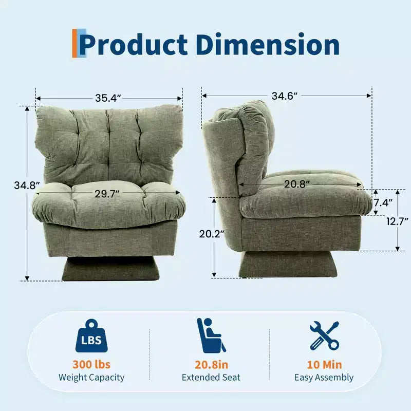 Fauteuil pivotant en chenille, canapé pivotant moderne et confortable à 360° avec base surdimensionnée, siège étendu de 52,8 cm, charge maximale de 136 kg pour salon