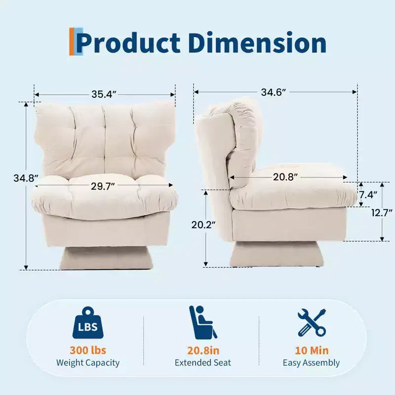 Fauteuil pivotant en chenille, canapé pivotant moderne et confortable à 360° avec base surdimensionnée, siège étendu de 52,8 cm, charge maximale de 136 kg pour salon