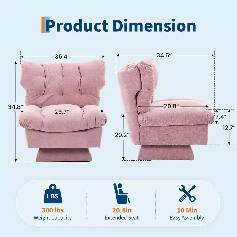 Fauteuil pivotant en chenille, canapé pivotant moderne et confortable à 360° avec base surdimensionnée, siège étendu de 52,8 cm, charge maximale de 136 kg pour salon