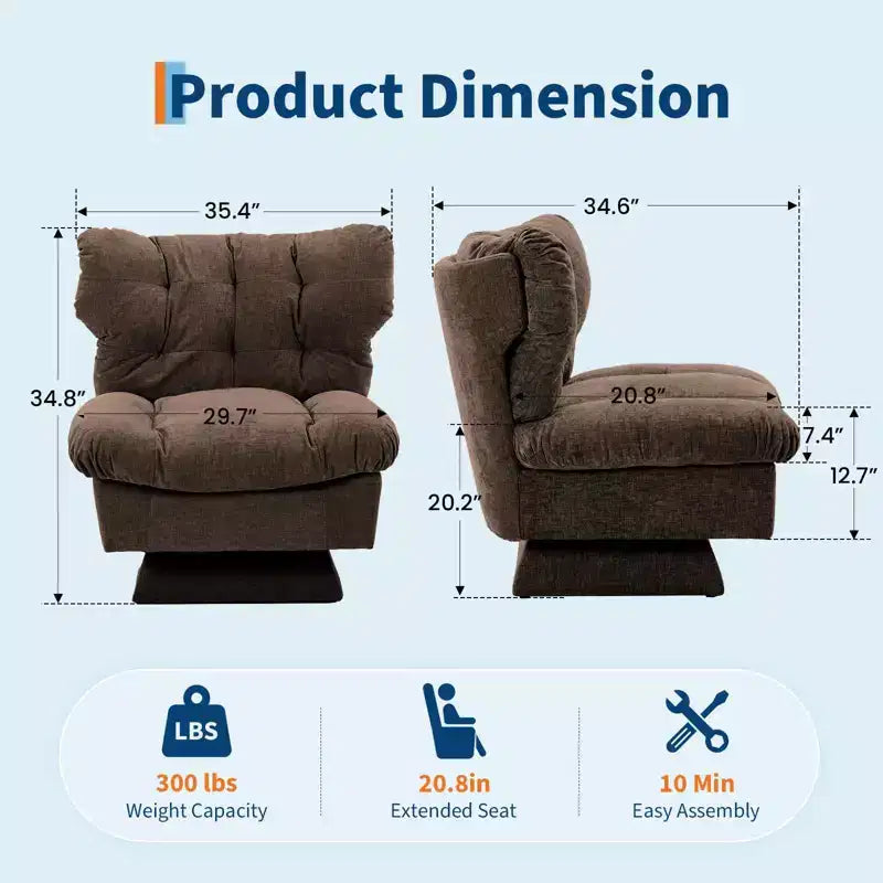 Fauteuil pivotant en chenille, canapé pivotant moderne et confortable à 360° avec base surdimensionnée, siège étendu de 52,8 cm, charge maximale de 136 kg pour salon