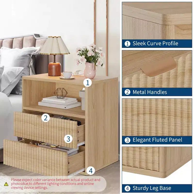 Lot de 2 tables de chevet cannelées de style ferme avec station de recharge – Tables d'appoint de style Mid-Century Modern de 58 cm avec 2 tiroirs pour chambre et salon