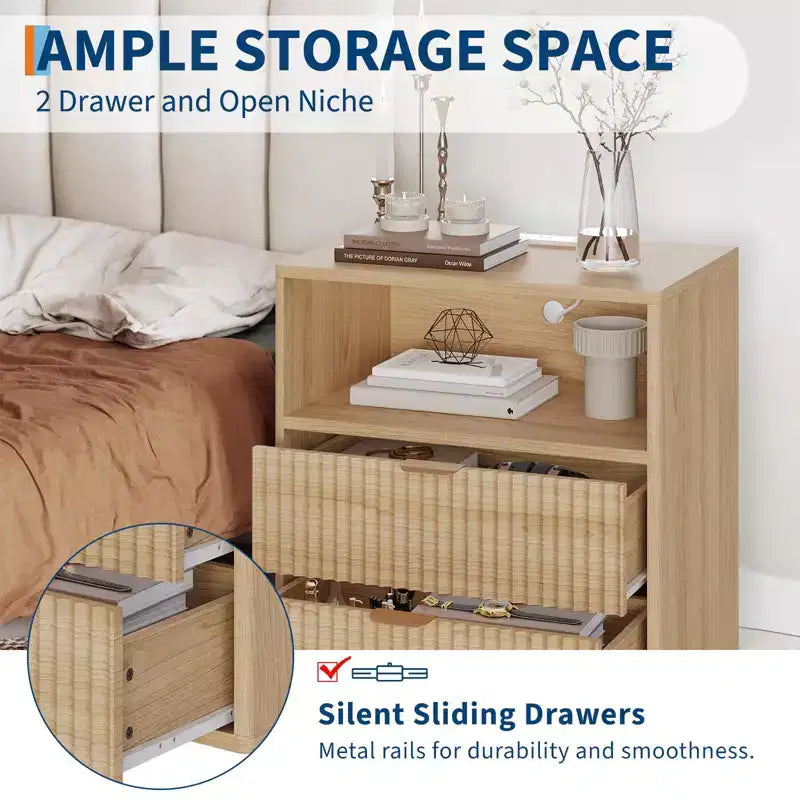 Lot de 2 tables de chevet cannelées de style ferme avec station de recharge – Tables d'appoint de style Mid-Century Modern de 58 cm avec 2 tiroirs pour chambre et salon