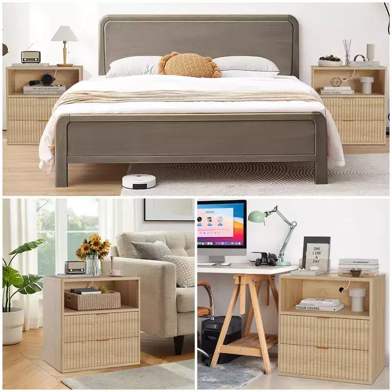 Lot de 2 tables de chevet cannelées de style ferme avec station de recharge – Tables d'appoint de style Mid-Century Modern de 58 cm avec 2 tiroirs pour chambre et salon