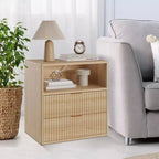 Lot de 2 tables de chevet cannelées de style ferme avec station de recharge – Tables d'appoint de style Mid-Century Modern de 58 cm avec 2 tiroirs pour chambre et salon