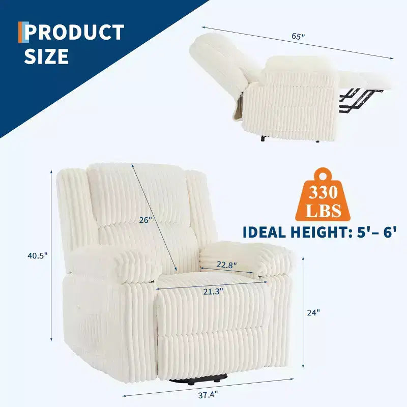 Fauteuil inclinable en velours côtelé, canapé inclinable manuel, rembourrage épais, poche latérale, capacité de 150 kg, fauteuil inclinable pour salon, chambre, cinéma maison, blanc