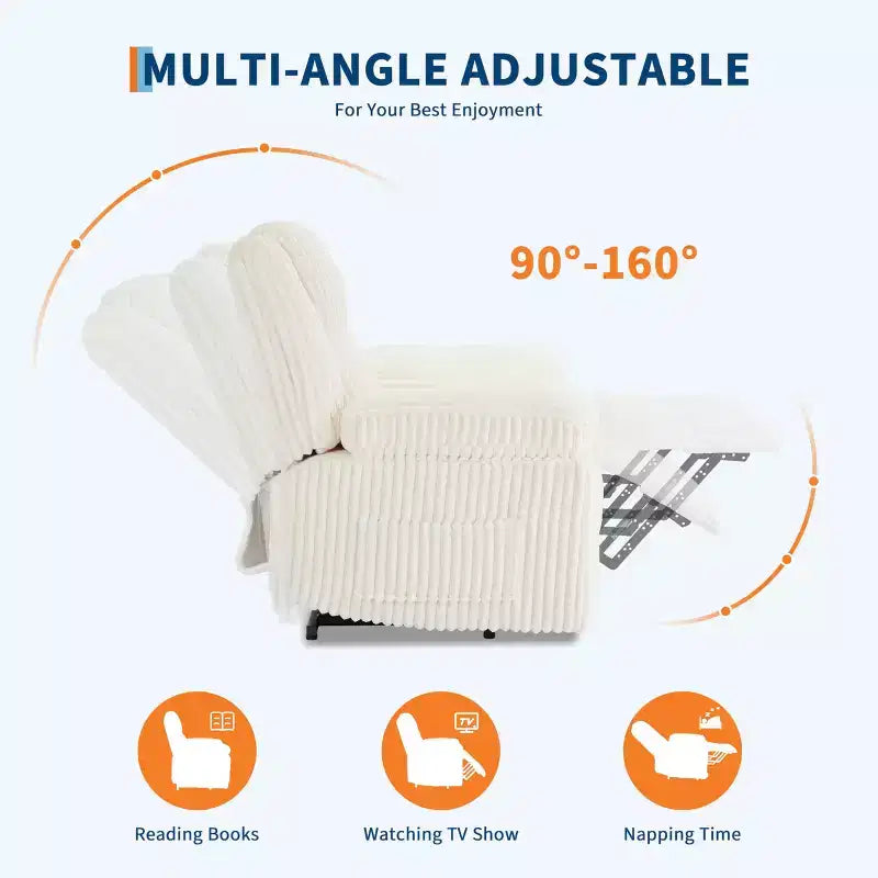 Fauteuil inclinable en velours côtelé, canapé inclinable manuel, rembourrage épais, poche latérale, capacité de 150 kg, fauteuil inclinable pour salon, chambre, cinéma maison, blanc
