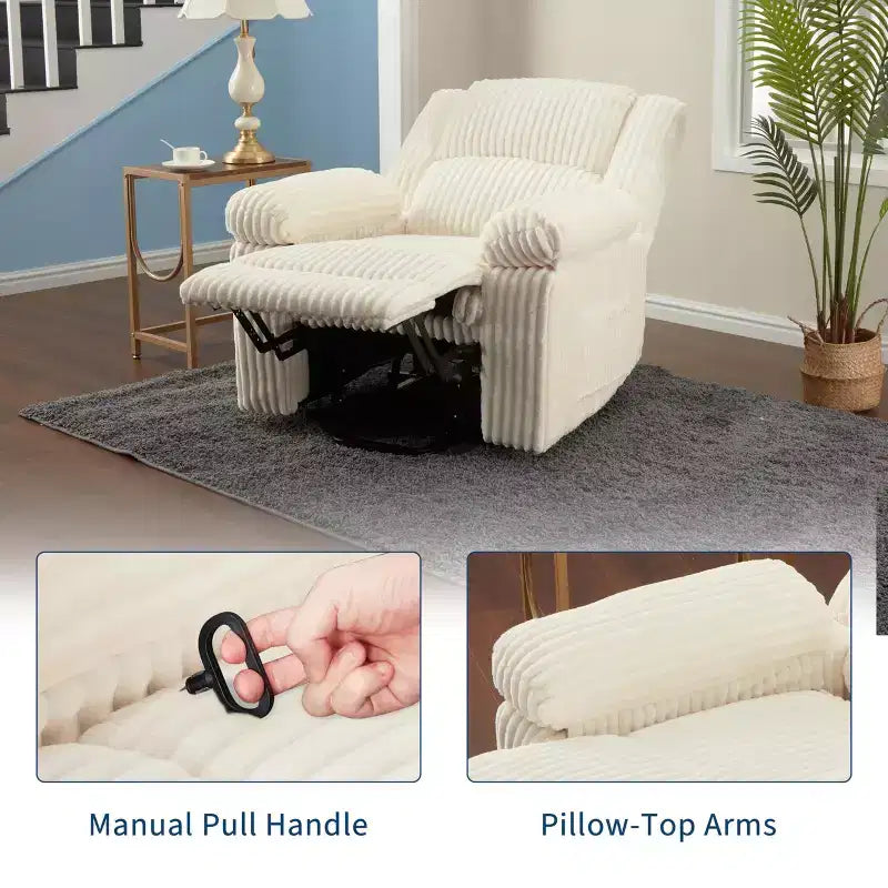 Fauteuil inclinable en velours côtelé, canapé inclinable manuel, rembourrage épais, poche latérale, capacité de 150 kg, fauteuil inclinable pour salon, chambre, cinéma maison, blanc