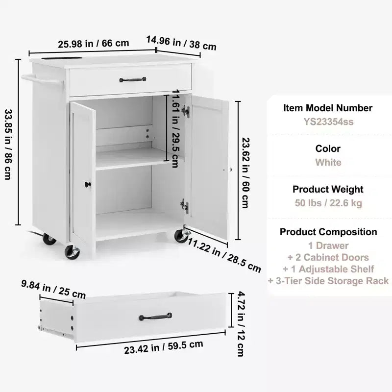 Chariot d'îlot de cuisine VEVOR, chariot mobile de 81 cm avec armoire de rangement, table roulante avec prise de courant, étagère à épices, porte-serviettes, étagère réglable, blanc