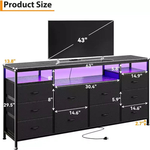 Commode à 10 tiroirs pour chambre à coucher, meuble TV de 63,3 po pour téléviseurs de 65-75 po, commode en tissu, centre de divertissement pour chambre à coucher et salon