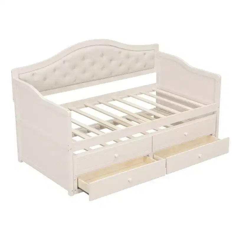 Cadre de lit de repos Whisen taille double, canapé-lit en bois avec lit gigogne, dossier capitonné, 2 tiroirs de rangement