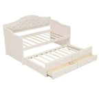 Cadre de lit de repos Whisen taille double, canapé-lit en bois avec lit gigogne, dossier capitonné, 2 tiroirs de rangement