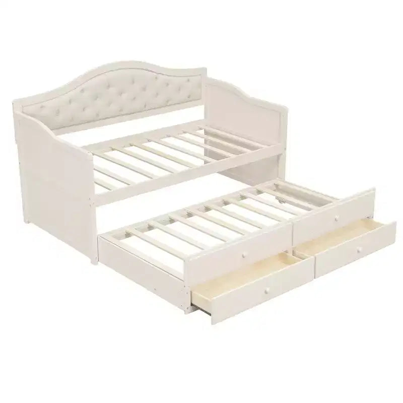 Cadre de lit de repos Whisen taille double, canapé-lit en bois avec lit gigogne, dossier capitonné, 2 tiroirs de rangement