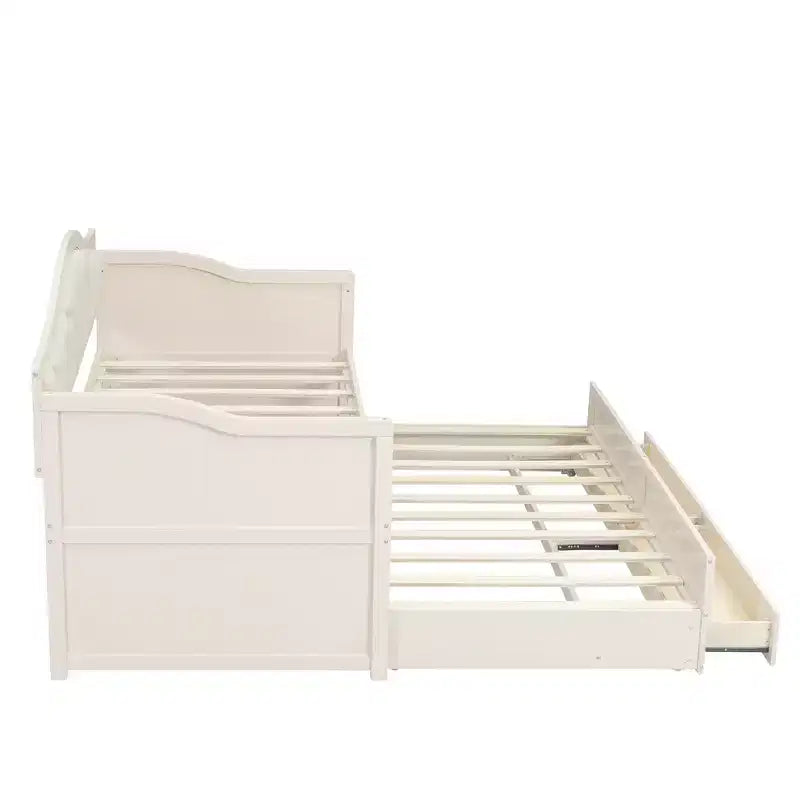 Cadre de lit de repos Whisen taille double, canapé-lit en bois avec lit gigogne, dossier capitonné, 2 tiroirs de rangement