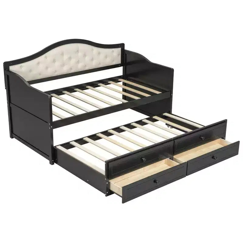 Cadre de lit de repos Whisen taille double, canapé-lit en bois avec lit gigogne, dossier capitonné, 2 tiroirs de rangement