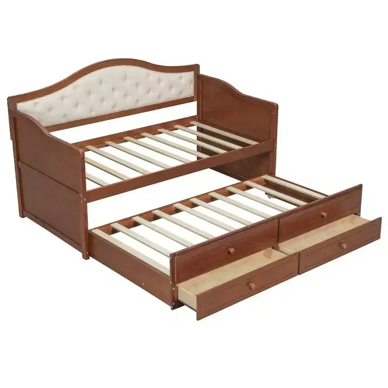 Cadre de lit de repos Whisen taille double, canapé-lit en bois avec lit gigogne, dossier capitonné, 2 tiroirs de rangement
