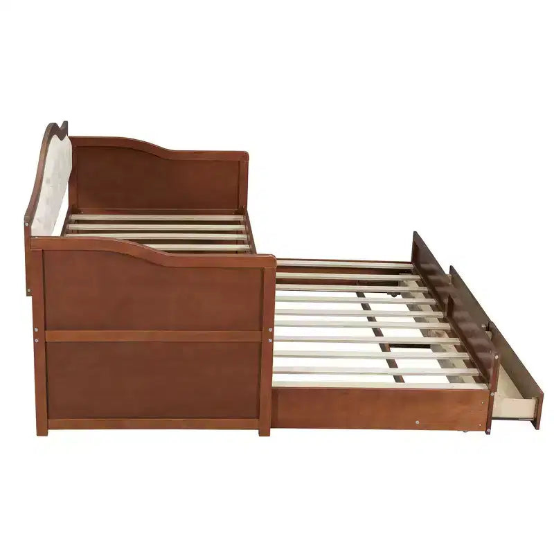 Cadre de lit de repos Whisen taille double, canapé-lit en bois avec lit gigogne, dossier capitonné, 2 tiroirs de rangement
