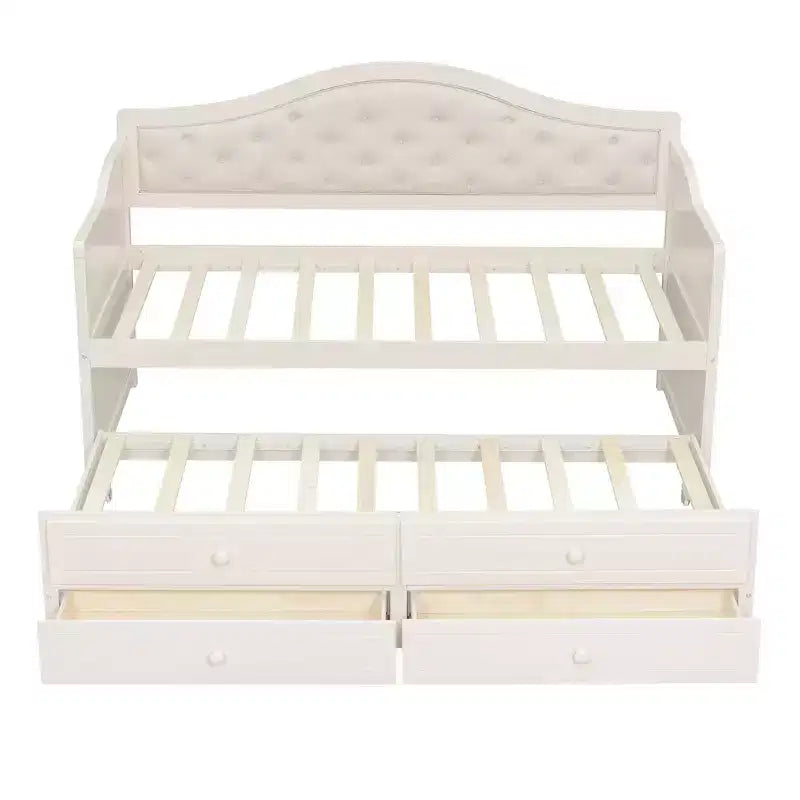 Cadre de lit de repos Whisen taille double, canapé-lit en bois avec lit gigogne, dossier capitonné, 2 tiroirs de rangement
