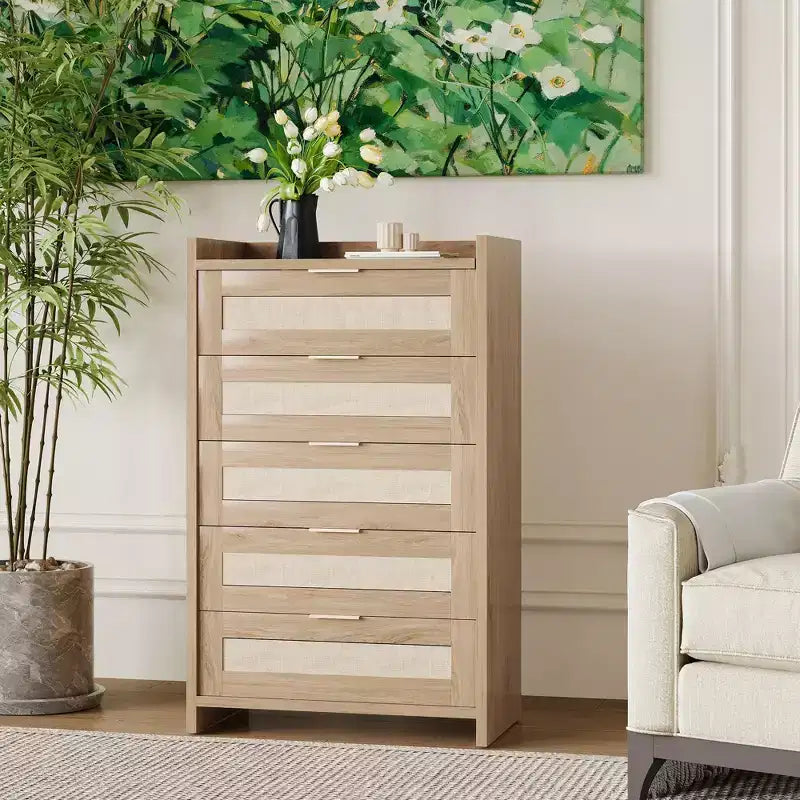 COZONY Commode en rotin, meuble de rangement haut à 5 tiroirs avec poignées métalliques pour chambre à coucher et salon