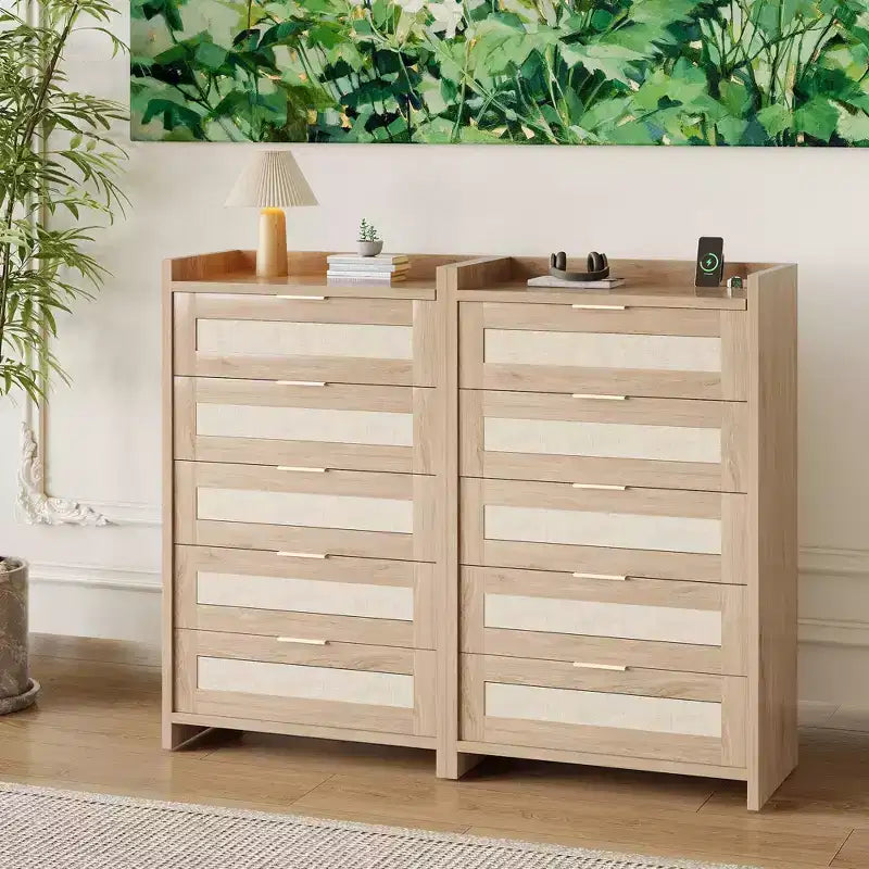 COZONY Commode en rotin, meuble de rangement haut à 5 tiroirs avec poignées métalliques pour chambre à coucher et salon