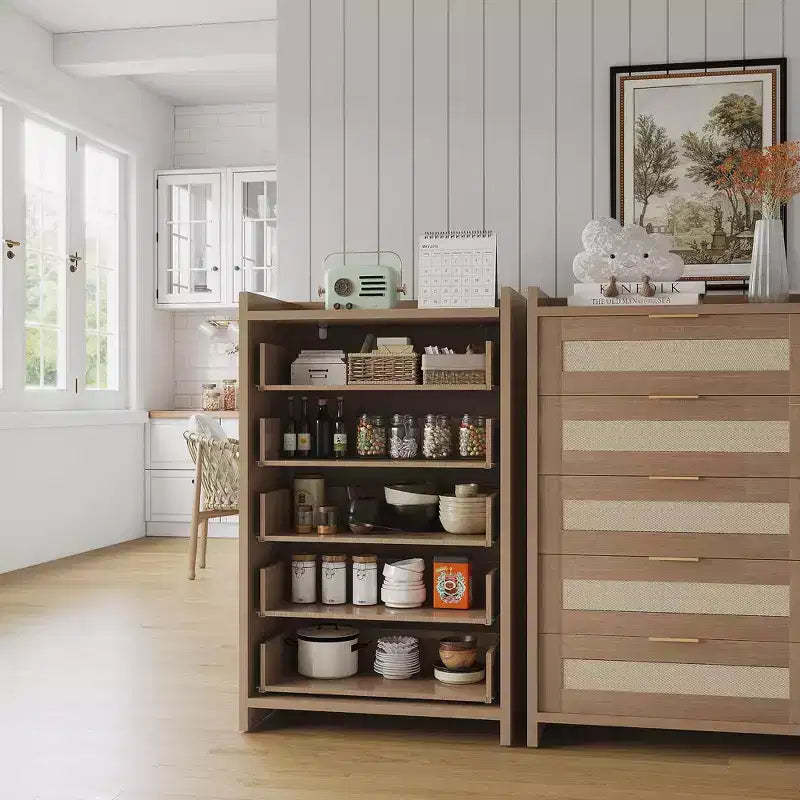 COZONY Commode en rotin, meuble de rangement haut à 5 tiroirs avec poignées métalliques pour chambre à coucher et salon