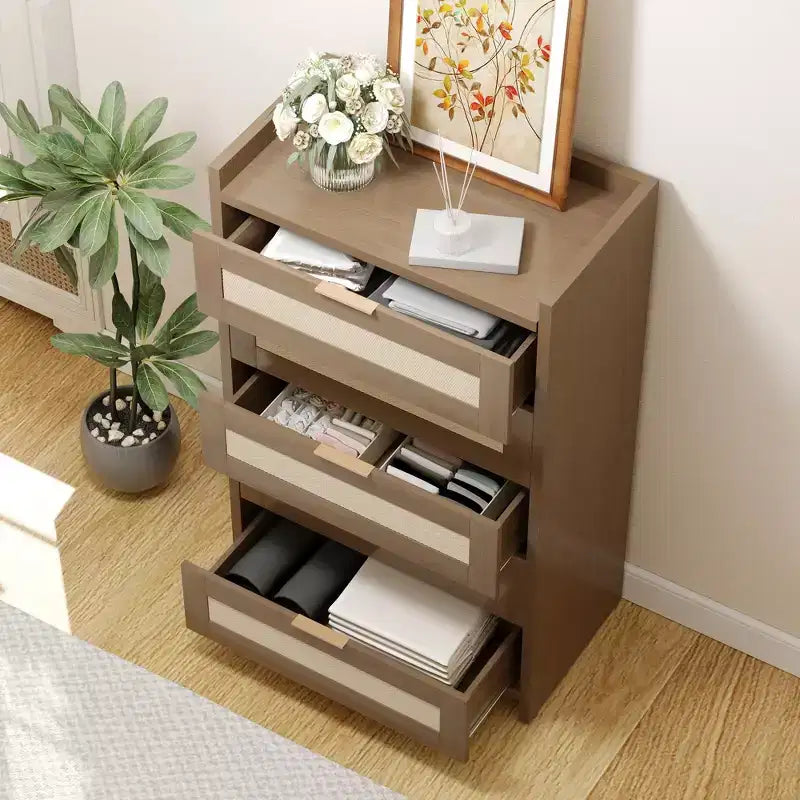 COZONY Commode en rotin, meuble de rangement haut à 5 tiroirs avec poignées métalliques pour chambre à coucher et salon